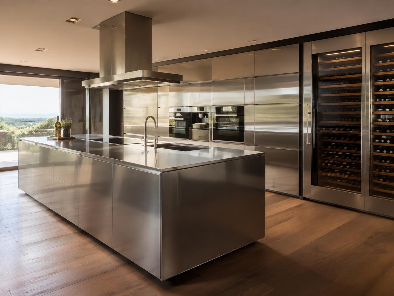 Stainless-steel kitchen with integrated wine cellar